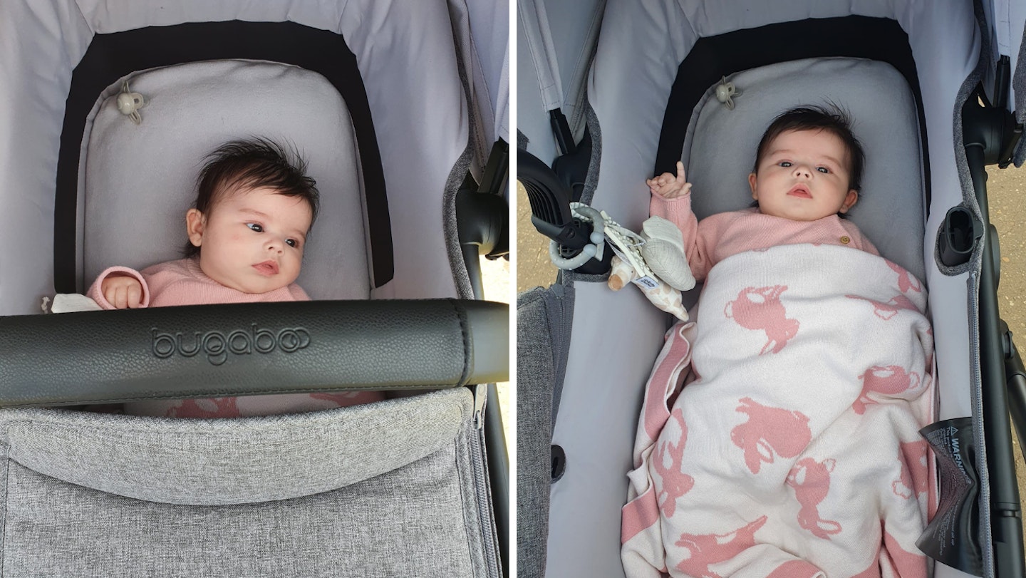 Baby in Bugaboo Fox 5 bassinet with and without cover