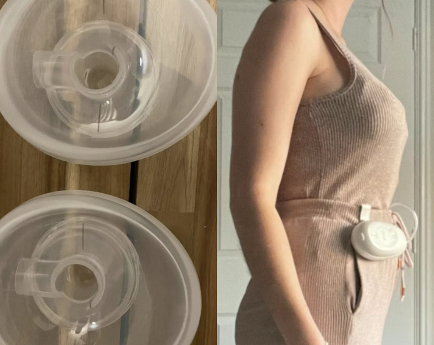 Our mum tester testing the Elvie Stride breast pump, with the pump attached to her belt and the flanges under the top to show how subtle it is