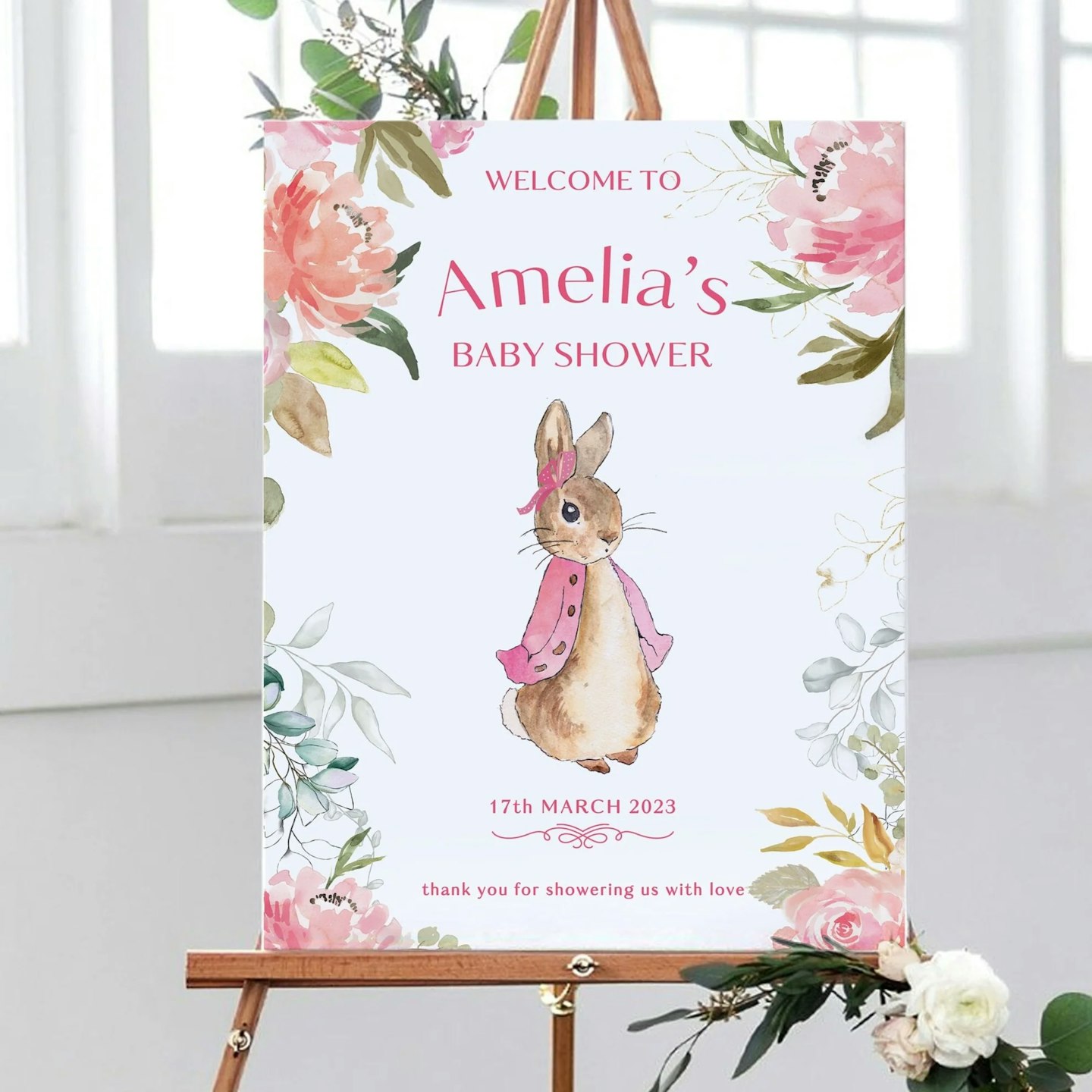 pink peter rabbit baby sign
