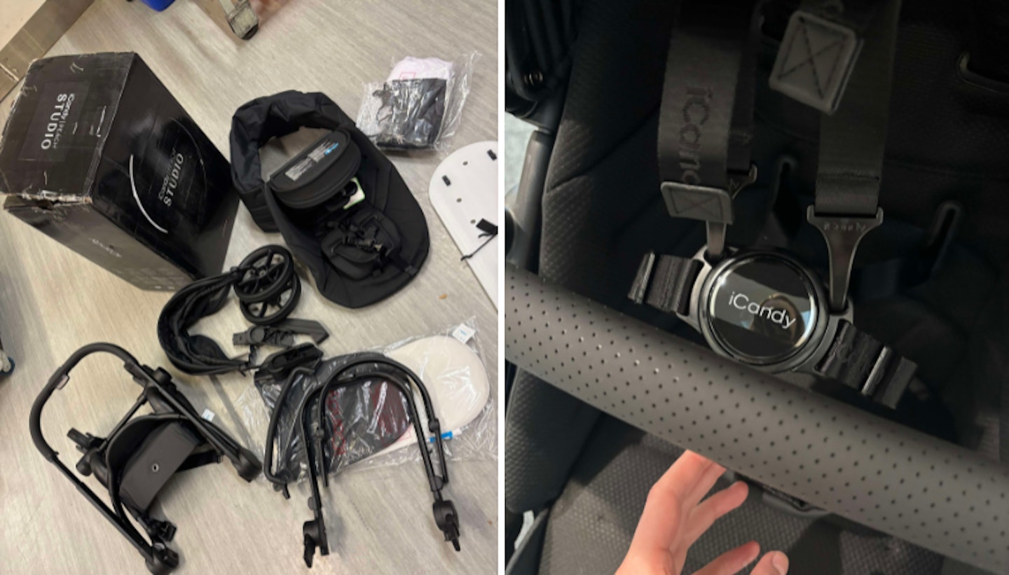 Image of iCandy Peach 7 box contents with close up of harness