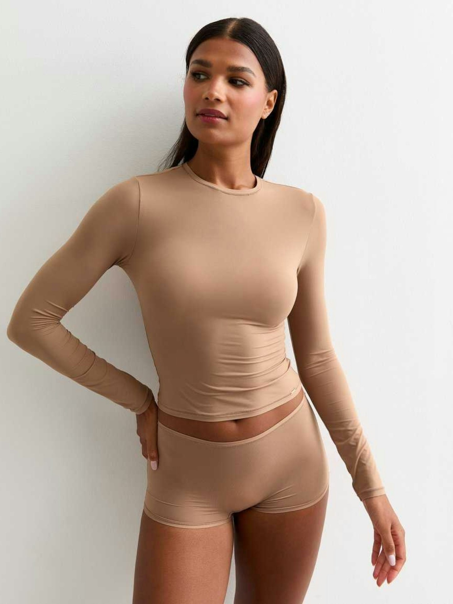 New Look Dorina Beige Smooth Microfibre Long Sleeve Top
