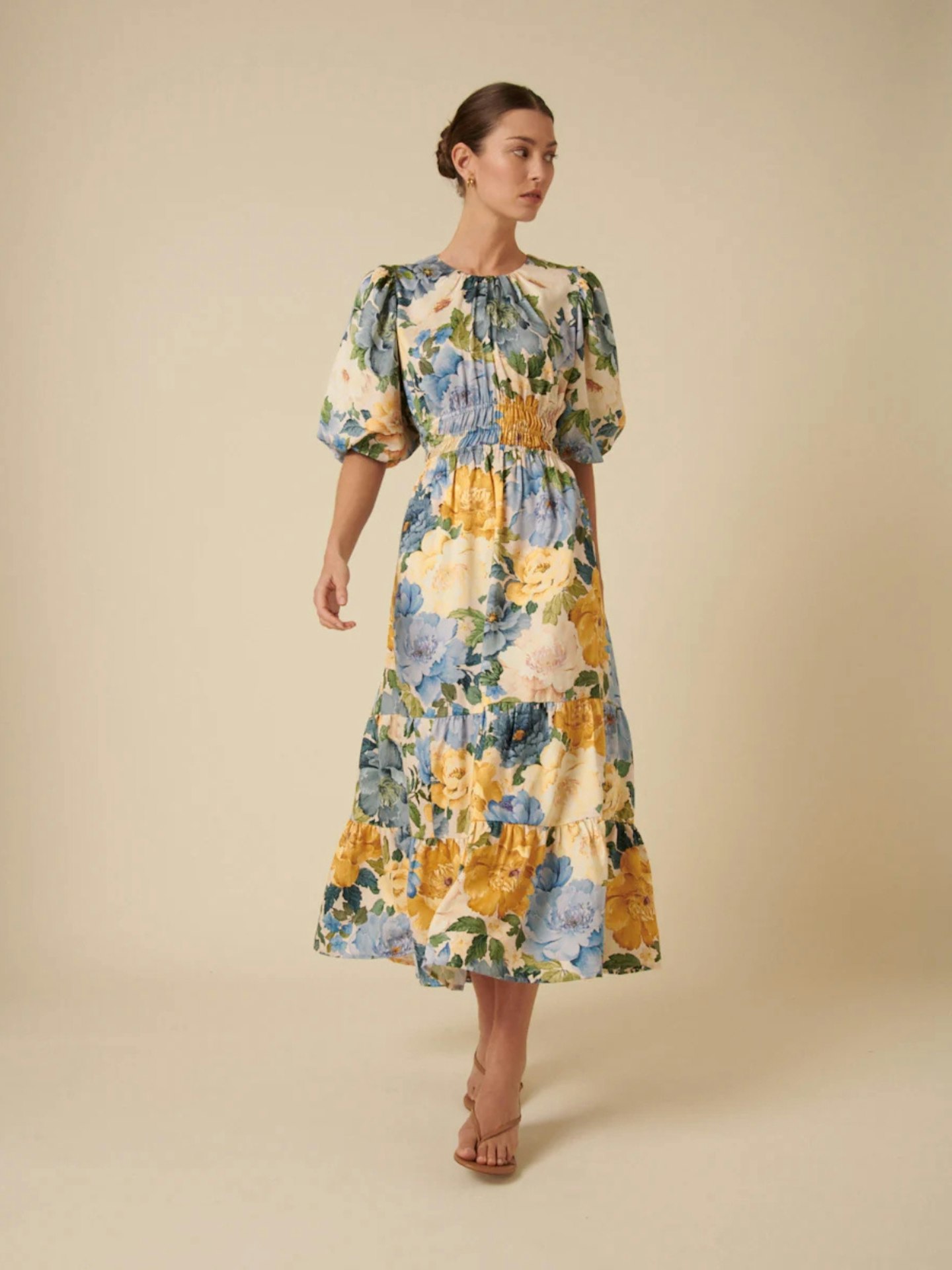 Nobody's Child Floral Puff Sleeve Tiered Zelda Midi Dress