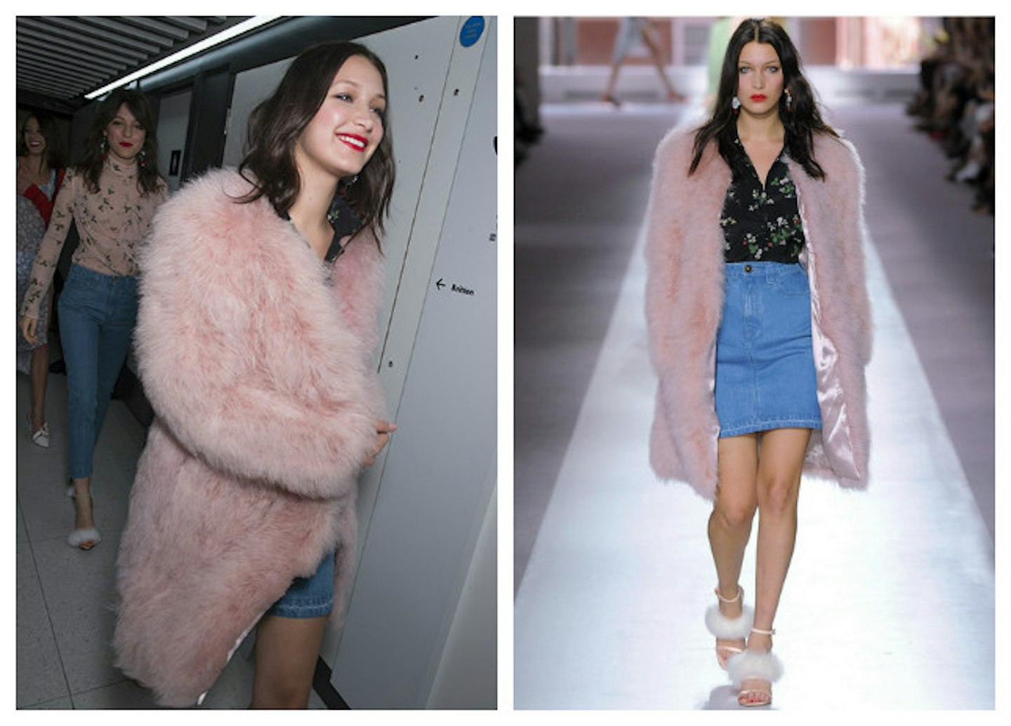 bella hadid faux fur coat catwalk