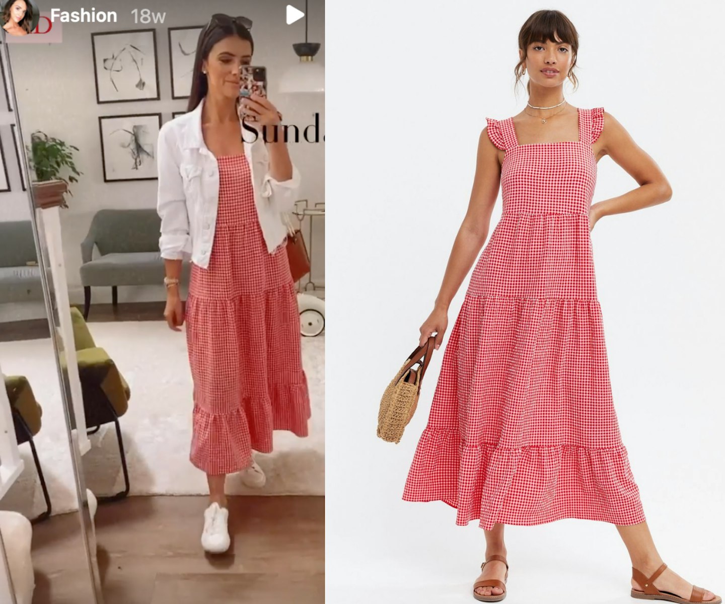 Red Gingham Square Neck Tiered Midi Dress
